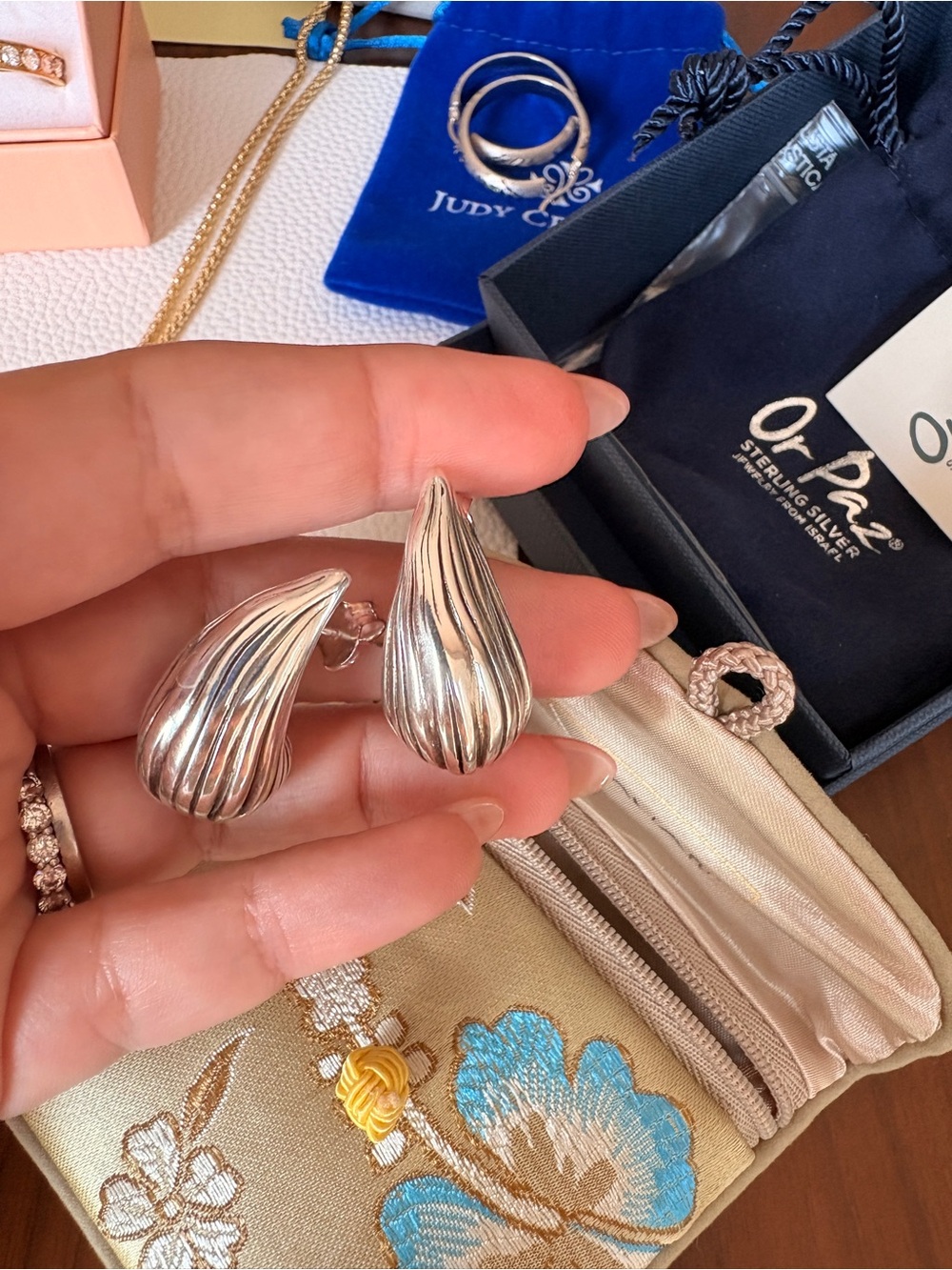 Or Paz Silver Ribbed Teardrop Clip-On Earrings